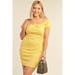 Plus Size Lemon Yellow Sparkly Tweed Plaid Fitted Off-the-shoulder Frill Hem Mini Dress