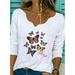 Women's Elegant Letter Floral Print Blouse Shirt Sexy V Neck Long Sleeve Pullover Tops Ladies Casual Loose Streetwear Blouse