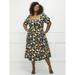 ELOQUII Elements Women's Plus Size Floral Print Fit and Flare Dress with Puff Sleeves