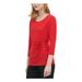 CALVIN KLEIN Womens Red Embellished 3/4 Sleeve Scoop Neck Top Size M