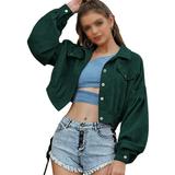 Women Cropped Corduroy Jacket Classic Vintage Button Front Open Front Cardigan Casual Coat Closure Ladies Loose Crop Jackets Top Outwear