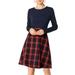 Allegra K Women's Round Neck Swing Belted Plaids Color Block Dress