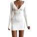 Women Deep V Neck Long Sleeve Stretch Bodycon Ribbed Knitted Dress Mini Dresses