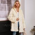 Women Hooded Faux Fur Long Coat Jacket Long Sleeves Pockets Furry Winter Casual Overcoat Outwear Beige