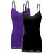 Women's Junior & Plus Adjustable Spaghetti Strap Lace Trim Tunic Tank Top - (2 Pack - Black/D.Purple , Large)