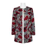 Evan Picone Crew Neck Long Sleeve Open Front Long Bodied Floral Print Crepe Jacket-FIRE RED MULTI