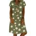 Plus Size Womens Boho Floral Print Cotton Linen Dress Short Sleeve Casual Loose Kaftan Tunic Dress Summer Beach Holiday Baggy V Neck Shirt Dress