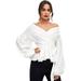 Women's Long Sleeve V Neck Ruffle Blouse Off Shoulder Tie Waist Wrap Tops