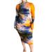 ZIYIXIN Women Casual Style Slim Tie-Dye Dress Long Sleeves Round Neck Pleated One-Piece Clothes Suit(Yellow, Red, Purple, Light Blue, Orange)
