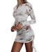 Listenwind Womenâ€™s Casual Long-sleeved Dress Printed Drawstring Skinny Short Dress