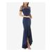 JS COLLECTION Womens Navy Pleated Sheer Mermaid 3/4 Sleeve Illusion Neckline Full-Length Hi-Lo Prom Dress Size 2