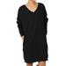 Aktudy Solid Color Long Sleeve Dress Women V-neck Loose Jumper Dresses (Black L)