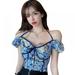 Hazel Tech Women's Fashion Floral Print Halter Sexy Slim Exposed Navel Short Sleeves Shirt Blouse