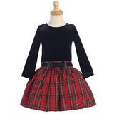 Made in the USA - Black & Red Long Sleeve Velvet & Plaid Holiday / Christmas Girls' Dress