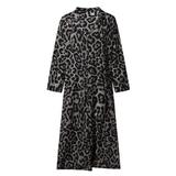 Women's Midi Leopard Dress Stylish Long Sleeves High Waist Dress Button Down A-Lined Dress, Gray-S