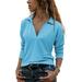 Women's Casual Turn-down Collar Loose Tops Plus Sizes Tees Femme Long Sleeve Blue Tshirt Elegant Shirt