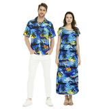 Couple Matching Hawaiian Luau Shirt Cap Sleeve Maxi Dress in Hibiscus Blue
