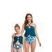 Parent-Child 2Pcs Swim Suit, Solid Color Ruffled Open Hem Hollowed Halter/Sling Tops with Printed Triangle Bottoms