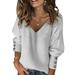 HIMONE Women Puff Sleeve Button V Neck Sweater Pullovers Lady Elegant Casual Long Lantern Sleeve Tops Sexy Oversized Knitted Sweater