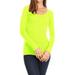 Women's Basic Stretch Pull On Casual Long Sleeve Scoop Neck Fitted Solid T-Shirt Top Neon Lime S