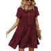 Sexy Dance Short Sleeve Casual Dress for Trendy Lady Button Crew Neck Flare Tiered Dress Womens Business Leisure Pleated Dresses Wine Red S(US 4-6)