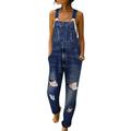 Women Denim Jumpsuit Dungarees Playsuit Distressed Ripped Jeans Straps Overalls Trousers Loose Sleeveless Baggy Pockets Long Bib Pants