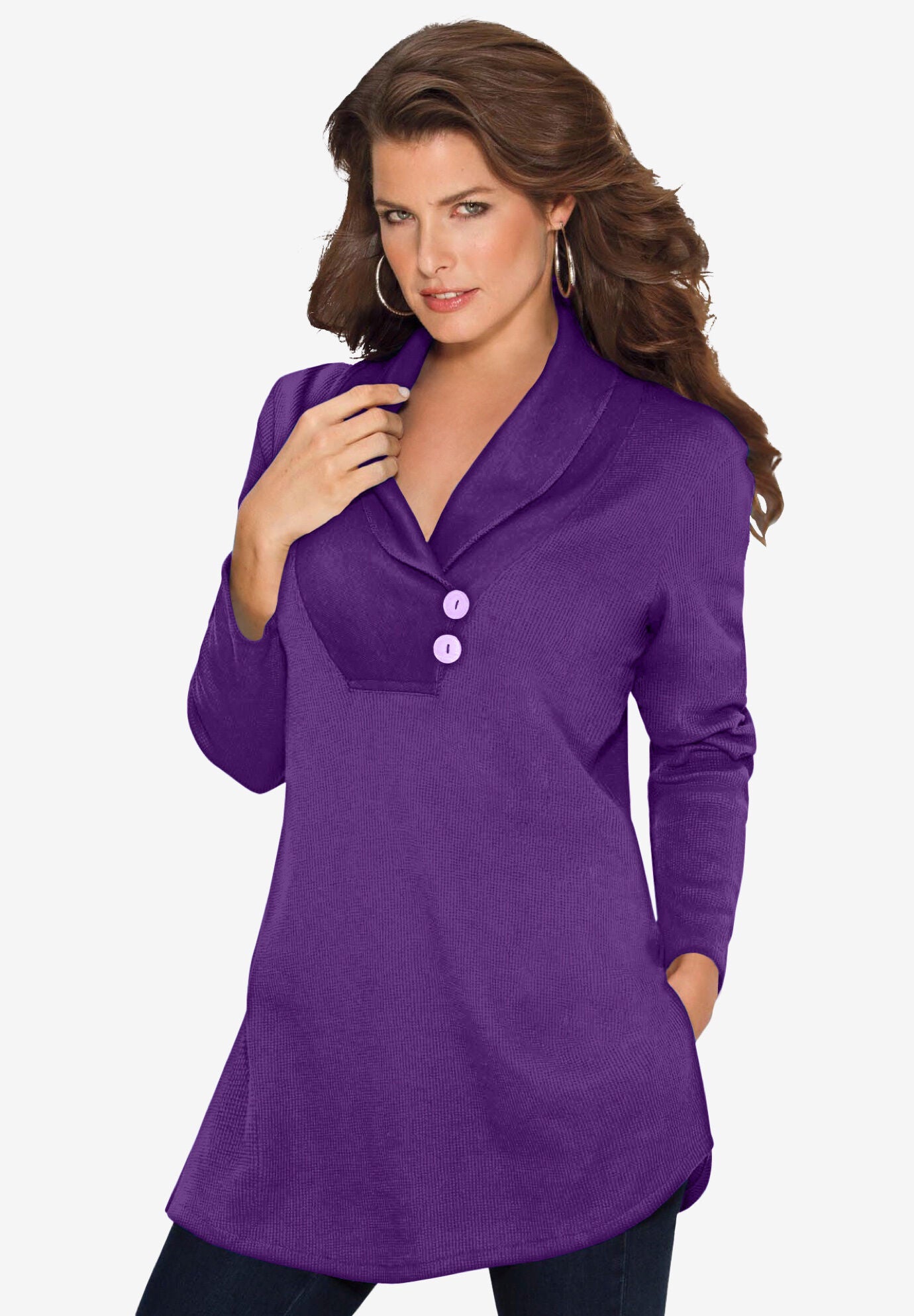 Plus Size Women's Plus Size Knit Thermal Shawl Collar Top - Long Sleeve by Roaman's in Purple Orchid (Size 22/24) Made in USA Long Sleeve Shirt