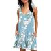 Women Summer Casual T Shirt Dresses Beach Cover up Plain Pleated Tank Dress Sleeveless V Neck Floral Print Sundress Ladies Loose Pockets Mini Dress Light Blue 2XL(20-22)