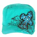 SILVERFEVER Women's Military Cadet Cap Hat - Patch Cotton - Studded & Embroidered (Turquoise, Coptic Cross)