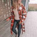 Women Lattice Turn Down Collar Buttons Pockets Long Sleeve Jacket Long Coat