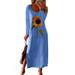 Avamo Boho Casual Loose Split Maxi Dress For Women Holiday Party Crew Neck T Shirt Dress Girls Casual Long Sleeve Daisy Print Dress Floral Baggy A Line Dress Plus Size
