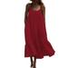 Plus Size Women's Flowy Pleated Ruffled Spaghetti Strap Dress Summer Sleeveless Beach Short Dresses Loose Oversized Ladies Casual Baggy Top Long Maxi Dress Sundress