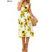 Spencer Women's Dress Summer Floral V-Neck Bohemian Spaghetti Straps Boho Tie Front Button Down Swing Midi Dress with Pockets "L,Yellow"