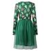 Puloru Female Dress, Christmas Floral Print Round Neck Long Sleeve One-Piece for Women, Green/Red