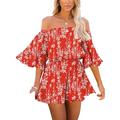 Women Off Shoulder Chiffon Romper Batwing Sleeve Siamese Trousers Ruffled Boho Beachwear