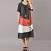 Tomshoo Women Cotton Vintage Dress Contrast O Neck Short Sleeves Mid-Calf Length Casual Loose Dress Dark Grey/Watermelon Red