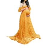 Niuer Maternity Off Shoulder Ruffle Sleeve Lace Wedding Gown Maxi Photography Dress for Photo Shoot Dress Yellow XL(US 12-14)