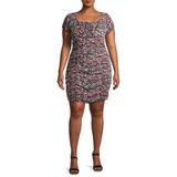 No Boundaries Juniors' Plus Size Ruched Floral Dress with Short Sleeves