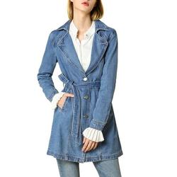 Allegra K Women's Jackets Notched Lapel Belted Long Jean Denim Jacket