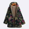 Women Faux Fur Hooded Parka Coat Floral Print Side Pockets Warm Vintage Casual Long Coat Outwear