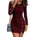 Women's Button Sexy Solid Color Round Neck Sheath Long Sleeve Dress