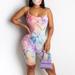 WomenÂ´s Sports Romper, Summer Jumpsuit, Off-Shoulder Tight Elastic Home Gym Sling Wear Dye Printed Shorts