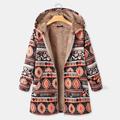 Women Vintage Flowers Print Fleece Hooded Plus Size Long Sleeve Jacket Coat