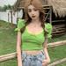 Women's Fashion U Neck Color Contrast Sexy Slim Navel Exposed Knitted Short Sleeve T Shirt Tops