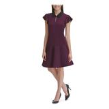 TOMMY HILFIGER Womens Purple Flutter-sleeve Cap Sleeve Collared Above The Knee Sheath Wear To Work Dress Size 8