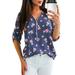 Plus Size Women Floral Print V Neck Shirt Roll-Up Long Sleeve Casual Blouse Zip Tops Ladies Zipper Loose T-shirt Baggy Tee S-XXXXXL