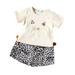 Ducklingup Little Girl Short Sleeve Cartoon Cat T-shirt + Leopard Skirt Pant 2 Piece Suits