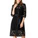 Allegra K Women's Lace Semi Sheer Belted Turn Down Collar 1/2 Sleeve Below Knee Button Down Shirt Dress