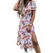 Sexy Dance Summer Casual Dress For Women Short Sleeve V Neck Sexy Side Slit A-Line Midi Dress Vintage Floral Print Flowy Boho Beach Maxi Dress