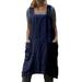 UKAP Casual Beach Kaftan for Women Vintage Fashion Pockets A Line Pinafore Cotton Linen Overall Apron Dress Navy Blue XXL(US 14-16)